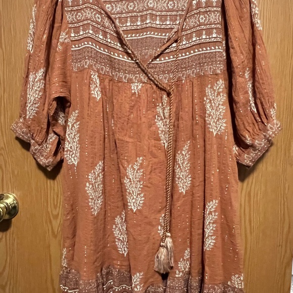Daughters of India Mishka Mini Dress Chai Size Medium Boho Puff Sleeve Cotton - Picture 6 of 13